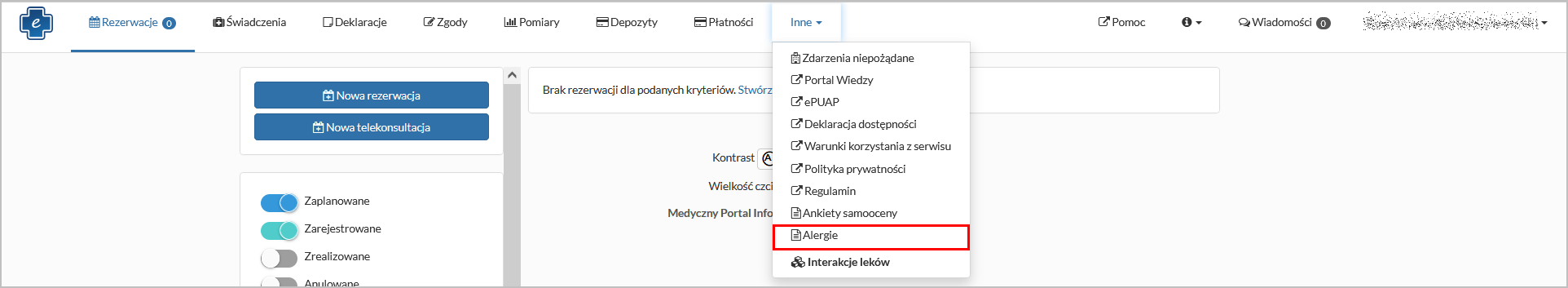 Opcja "Alergie" na liście przycisku "Inne"