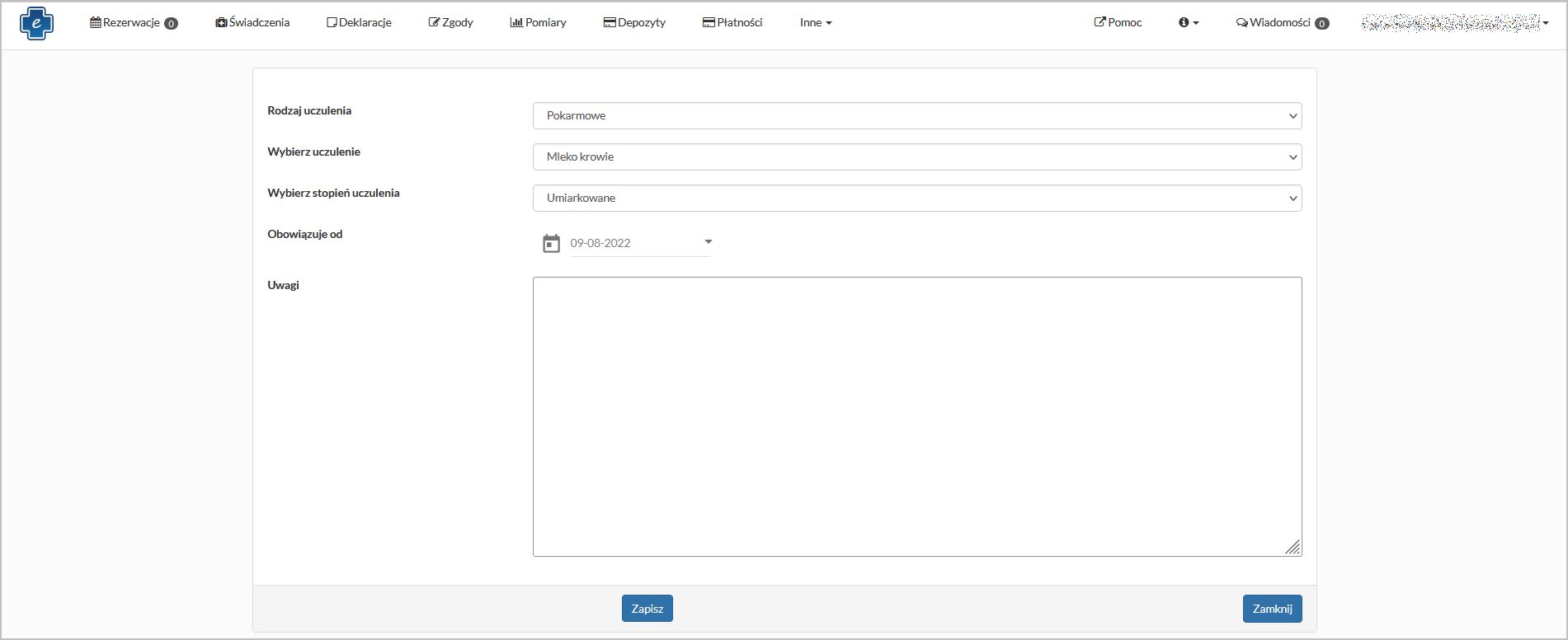 Okno "Alergie" - dodawanie nowego uczulenia