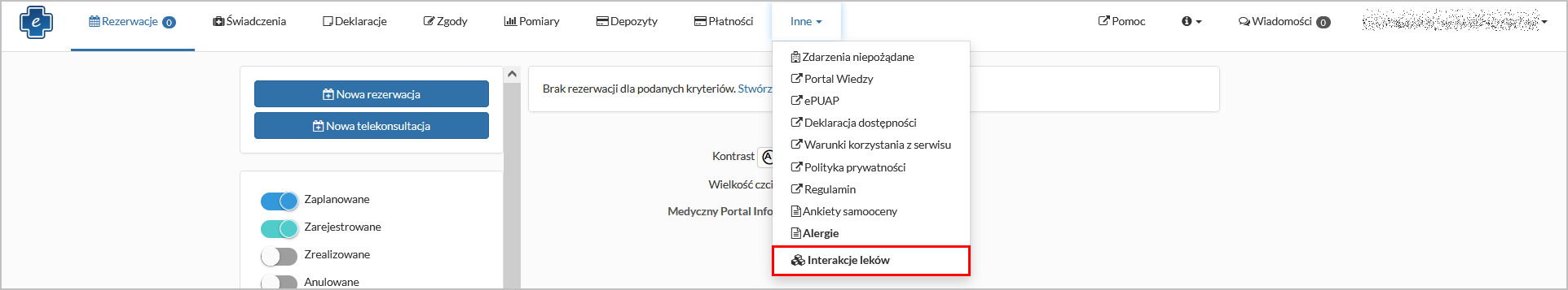 Opcja "Interakcje leków" na liście przycisku "Inne"