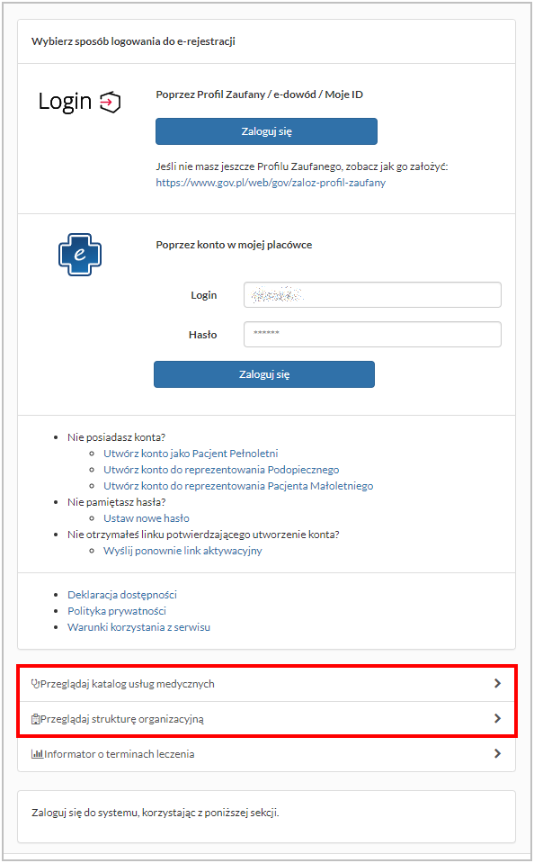 Ekran logowania z opcją przeglądu katalogu usług medycznych oraz struktury organizacyjnej