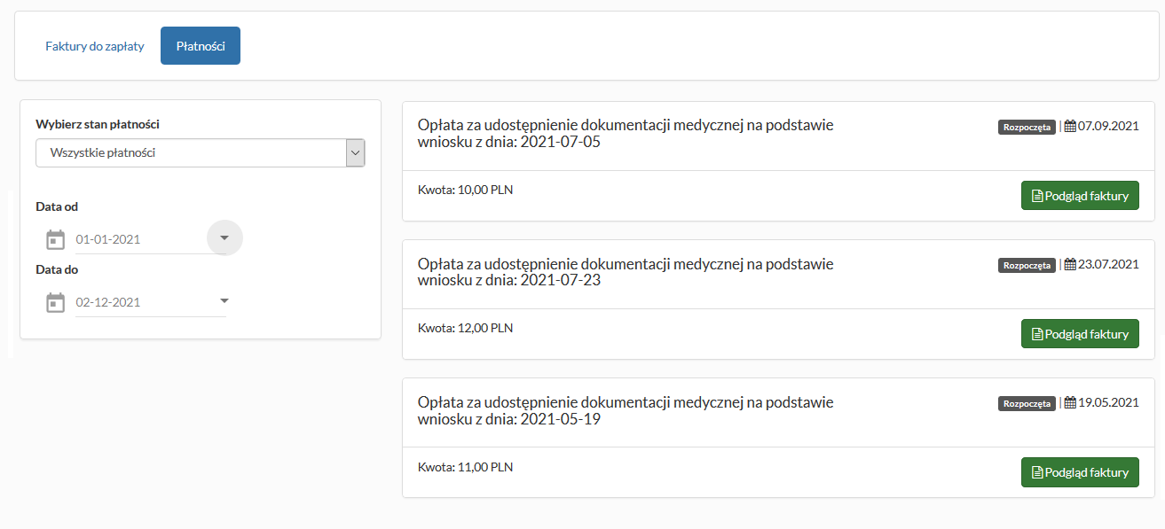 Okno "Płatności" - zakładka "Płatności"