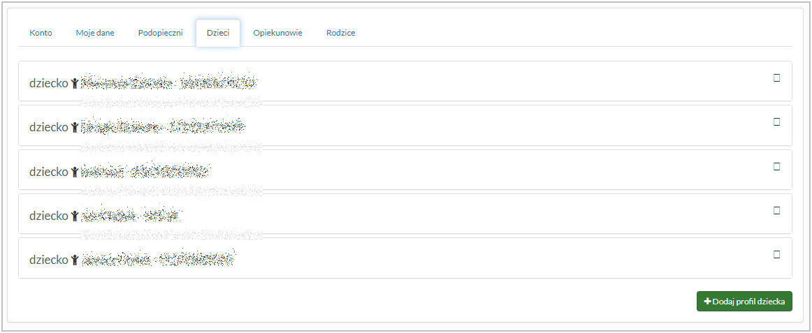 Okno "Konto" - zakładka "Dzieci"