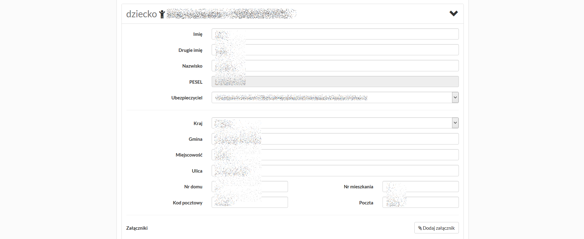 Zakładka "Dzieci" - dane dziecka