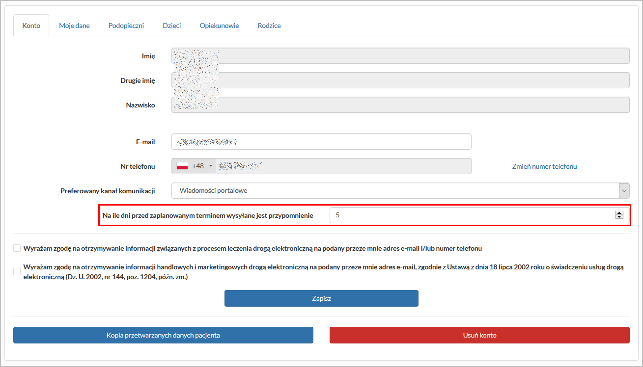 Okno "Konto" - pole "Na ile dni przed zaplanowanym terminem wysyłane jest przypomnienie"