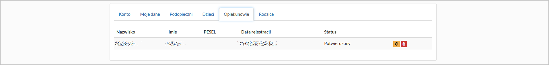 Okno "Konto" - zakładka "Opiekunowie"