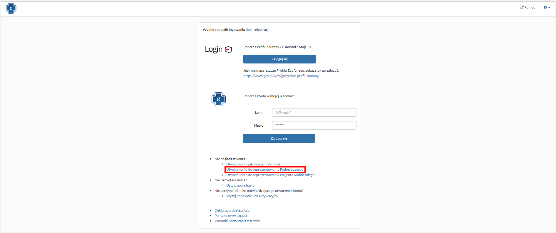 Opcja Utwórz konto do reprezentowania Podopiecznego na ekranie logowania
