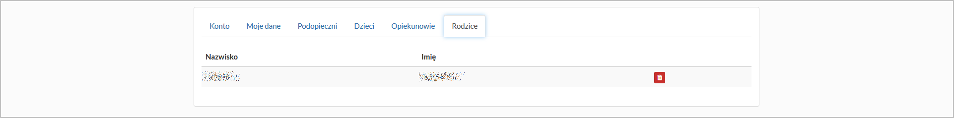 Okno "Konto" - zakładka "Rodzice"