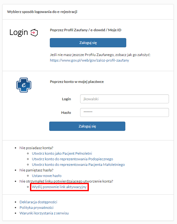 Ekran logowania z opcją "Wyślij ponownie link aktywacyjny"