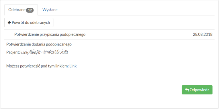 Wiadomość potwierdzenia przypisania podopiecznego