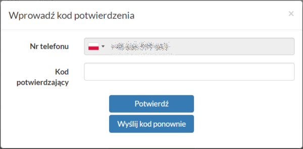 Tworzenie nowej rezerwacji - okno wprowadzenia kodu potwierdzającego