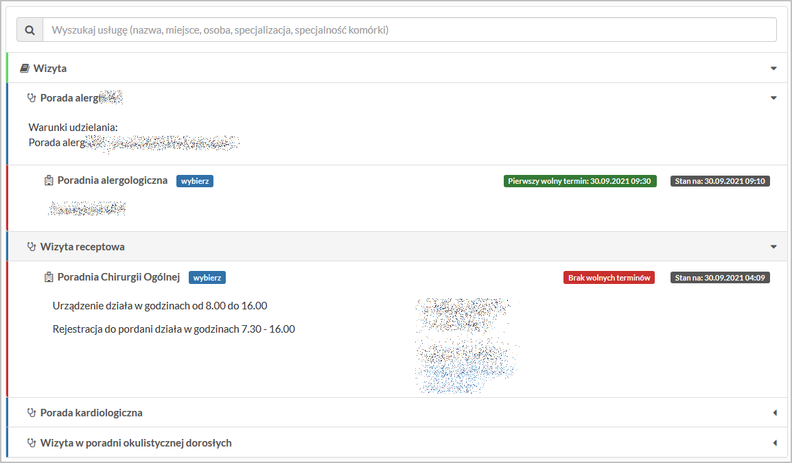 Okno przeglądu katalogu usług medycznych