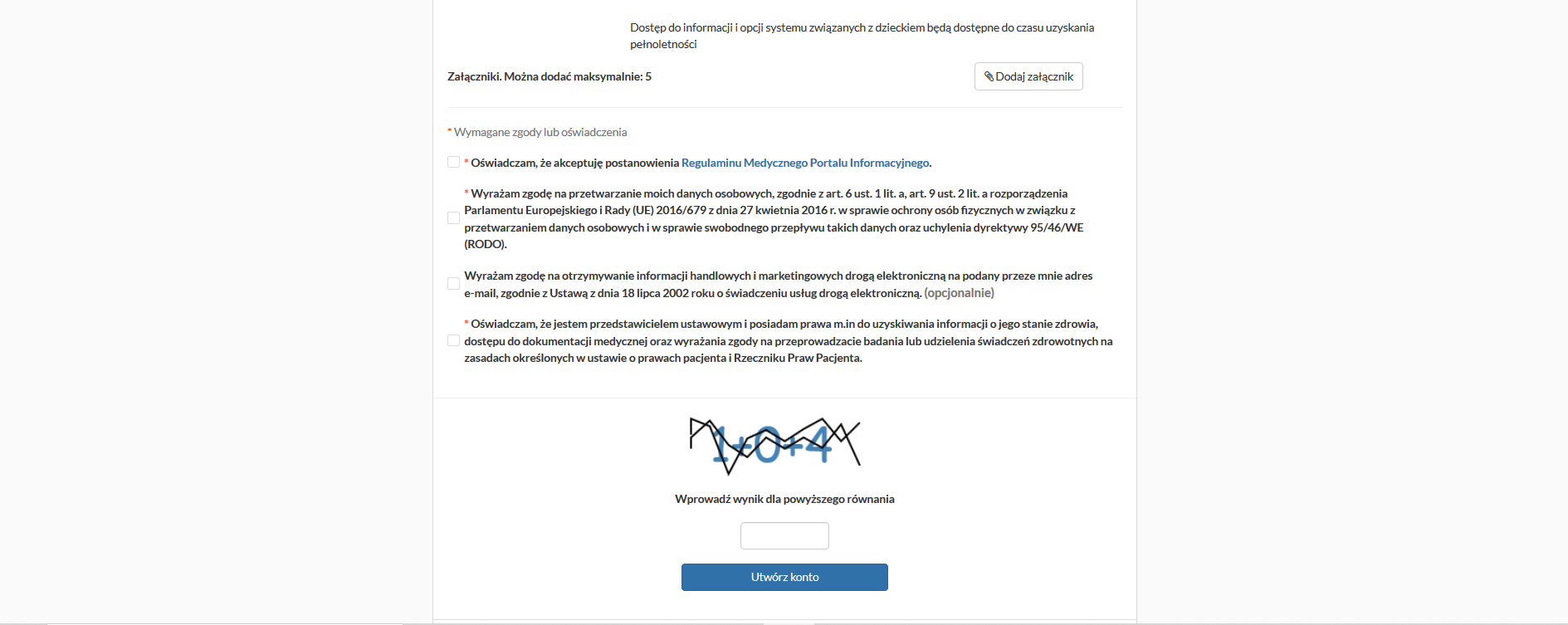 Okno rejestracji konta dziecka - przycisk "Utwórz konto"