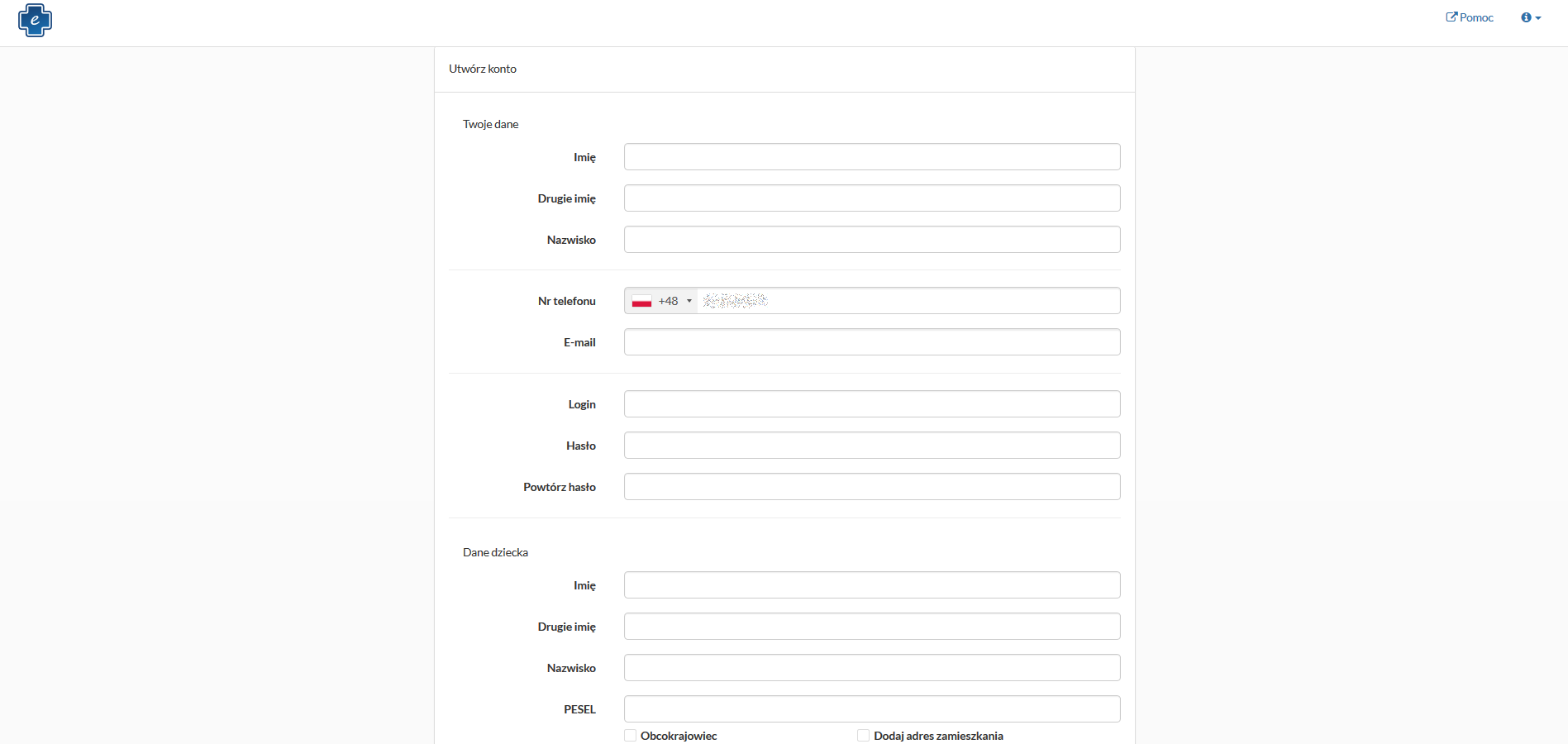 Okno rejestracji konta dziecka