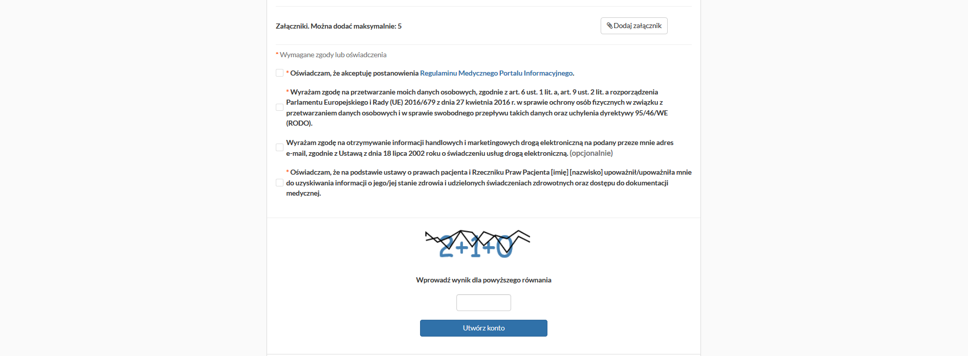 Okno rejestracji konta podopiecznego - przycisk "Utwórz konto"