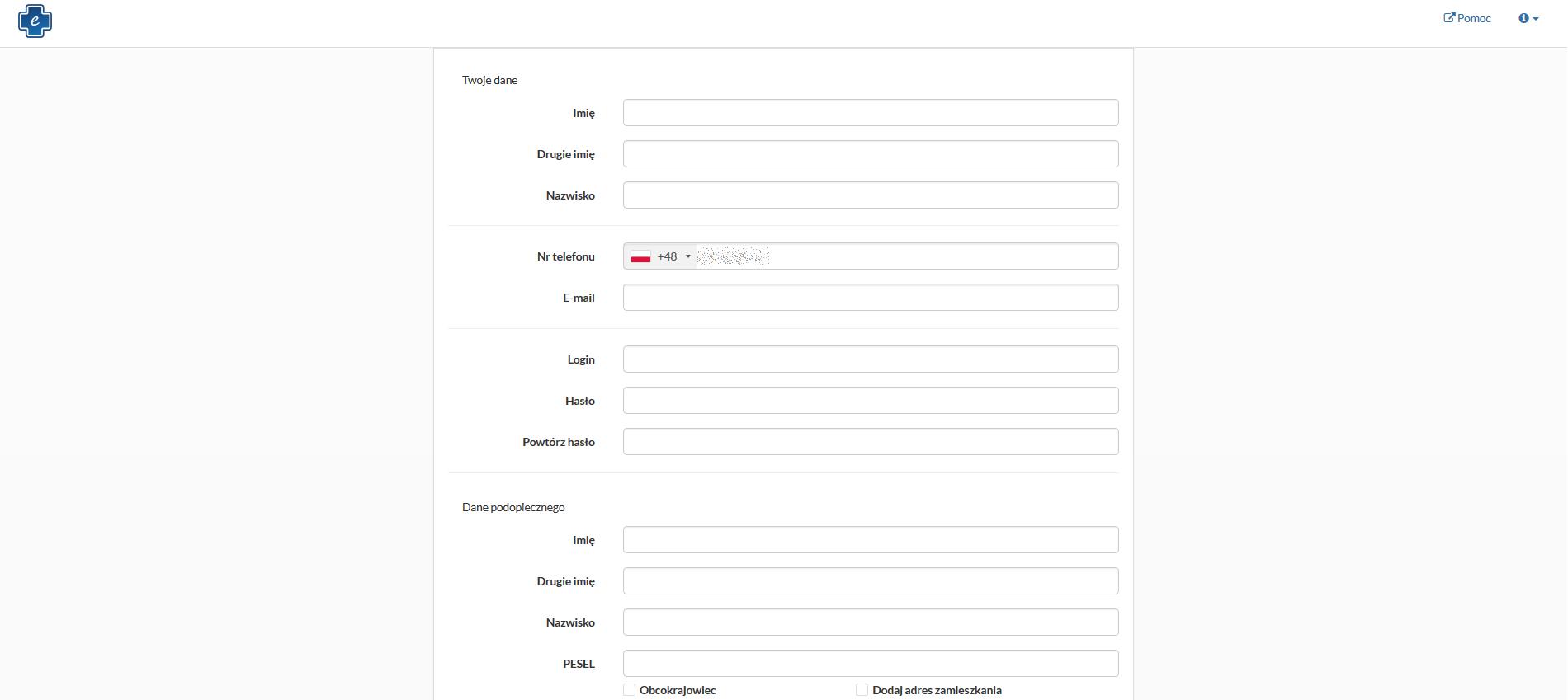 Okno rejestracji konta podopiecznego