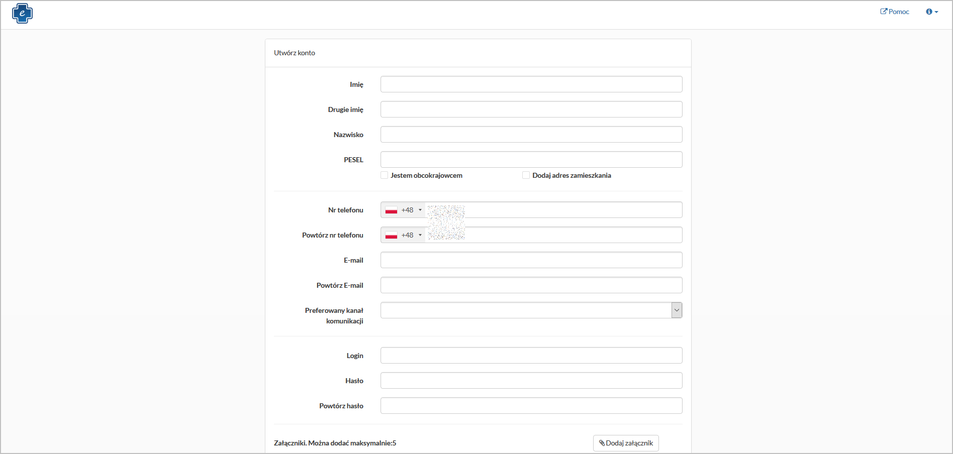 Okno rejestracji konta pacjenta
