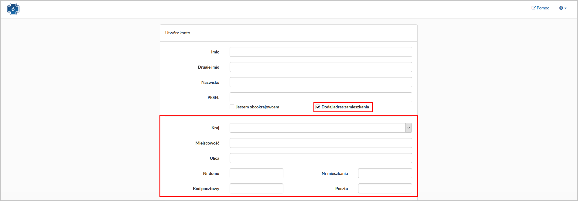 Okno rejestracji konta pacjenta - uzupełnianie adresu zamieszkania