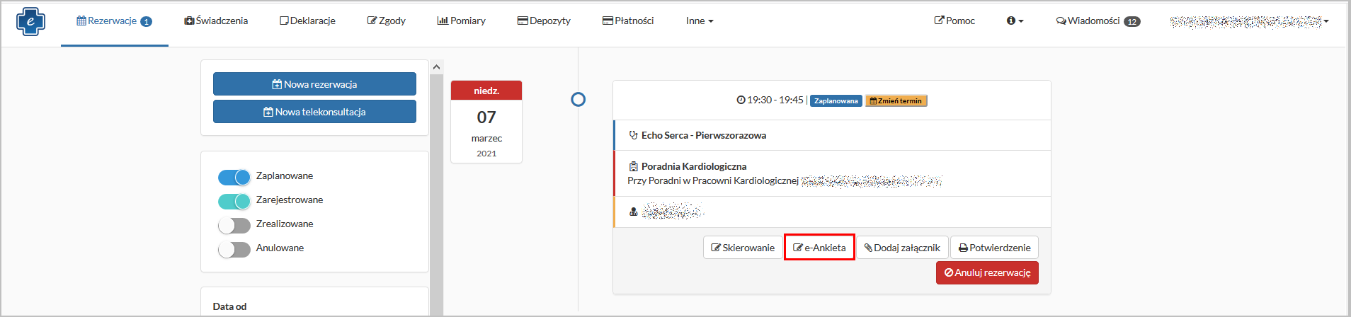 Okno "Rezerwacje" - przycisk "e-Ankieta"