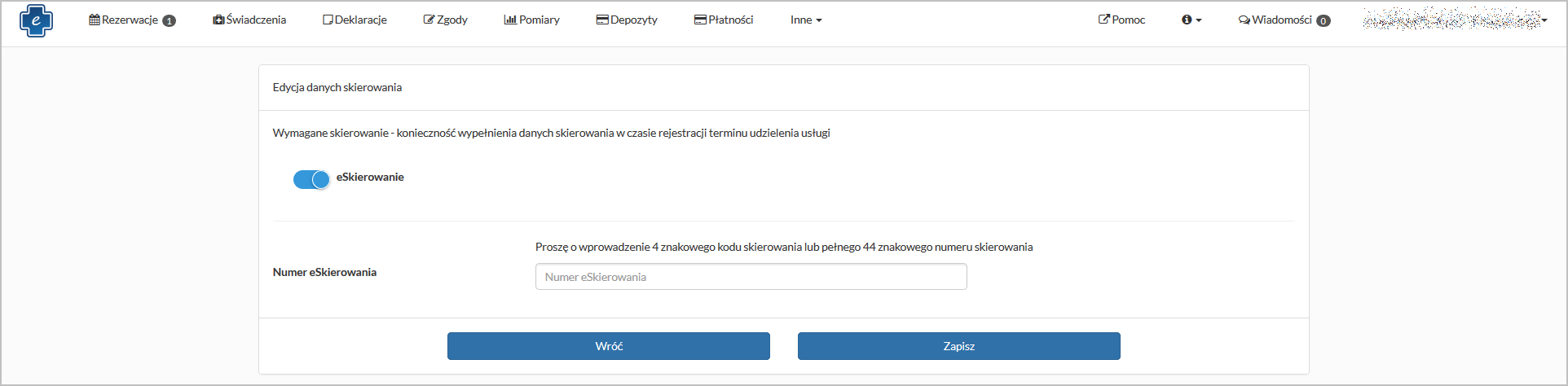 Okno "Rezerwacje" - edycja danych e-skierowania