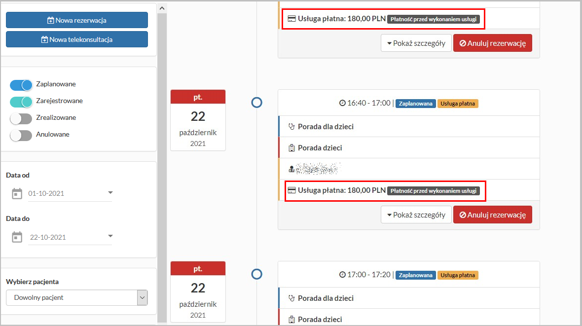 Okno "Rezerwacje" - usługa komercyjna