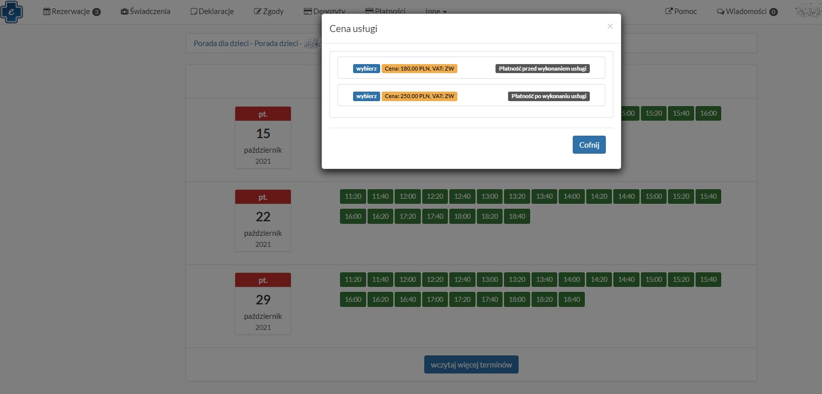 Tworzenie nowej rezerwacji - okno z ceną usługi komercyjnej
