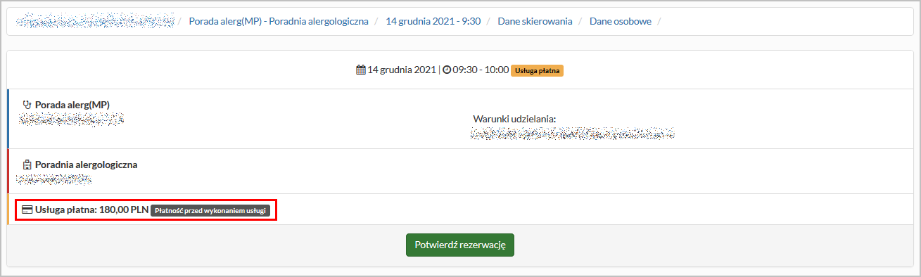 Tworzenie nowej rezerwacji - potwierdzenie rezerwacji związanej z usługą komercyjną
