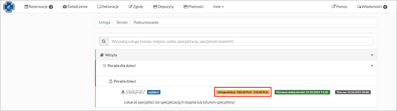 Tworzenie nowej rezezerwacji - wybór usługi komercyjnej