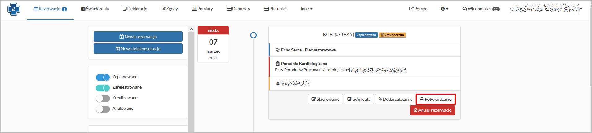 Okno "Rezerwacje" - przycisk "Potwierdzenie"
