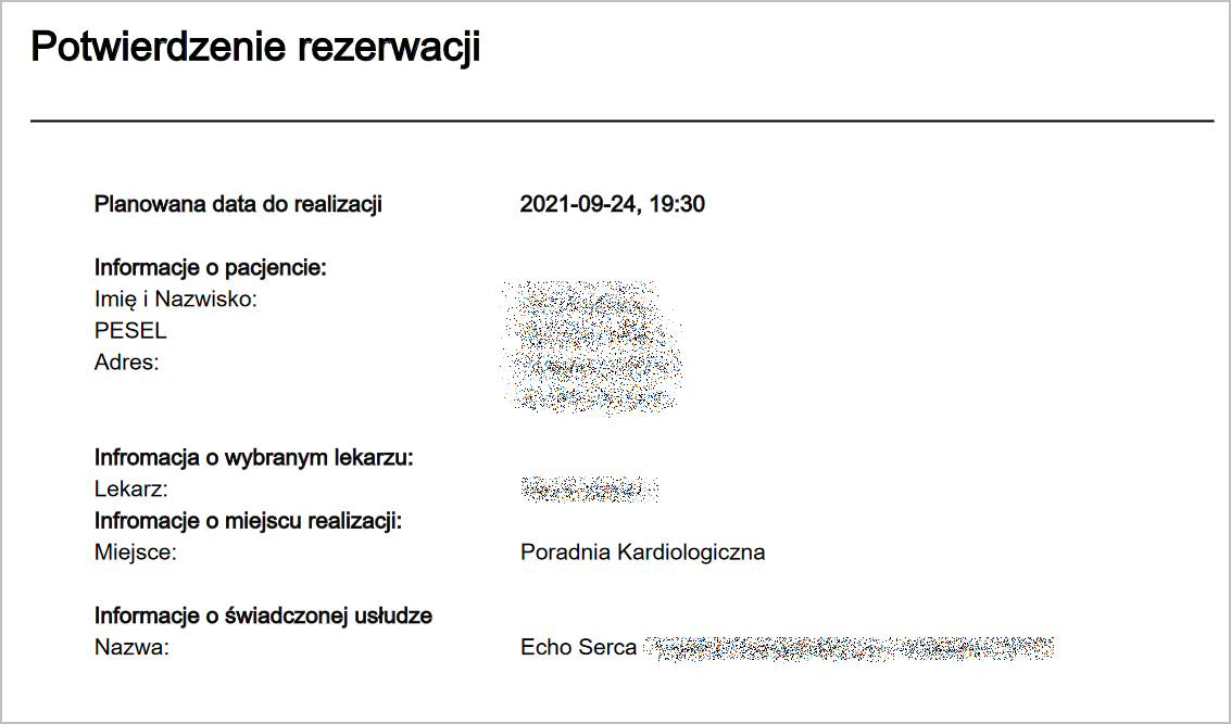 Okno "Rezerwacje" - przykładowy dokument potwierdzenia rezerwacji