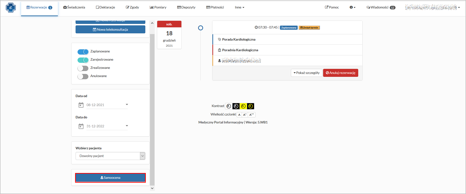 Okno "Rezerwacje" - przycisk "Samoocena"