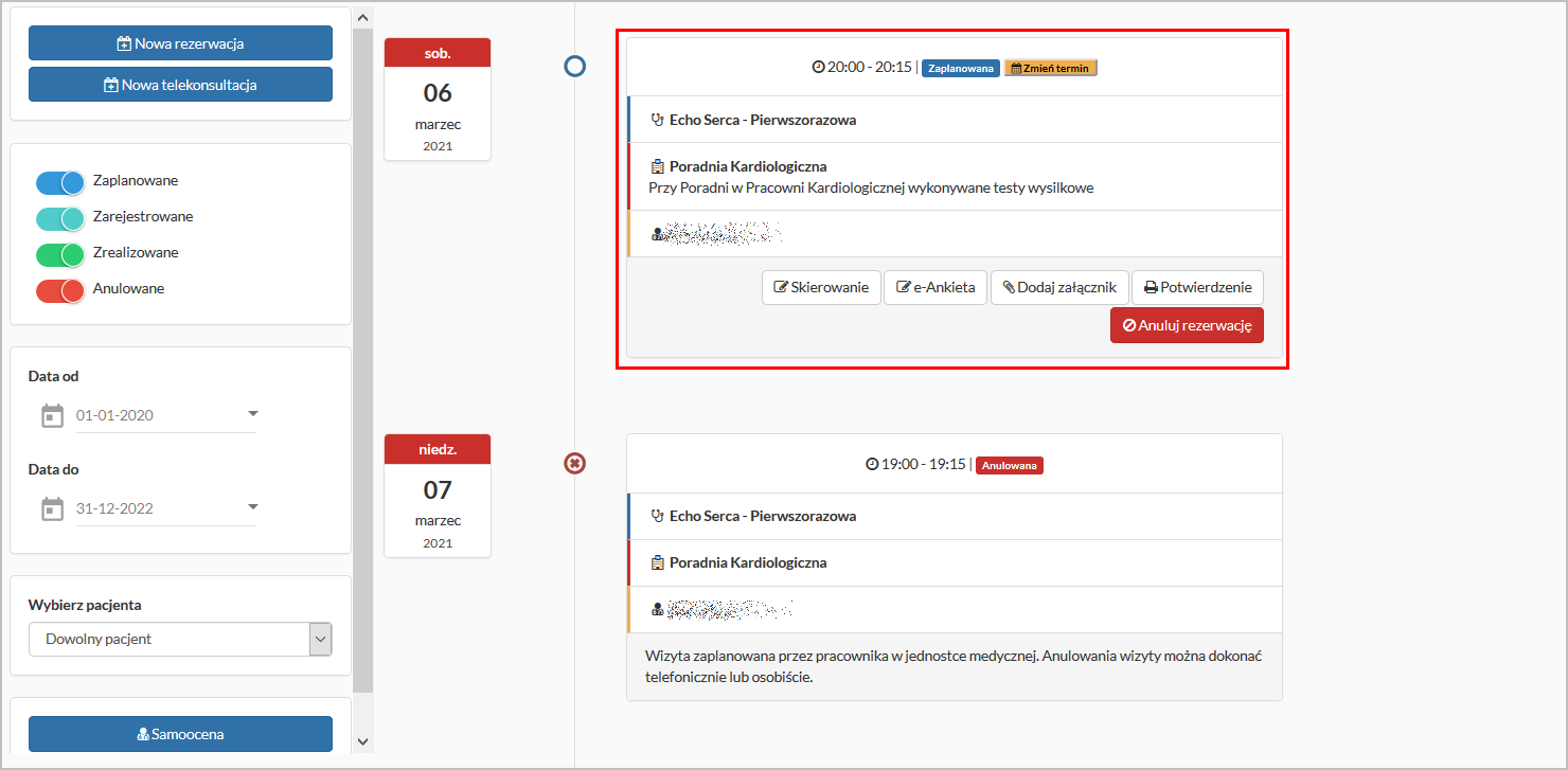 Okno "Rezerwacje" - szczegóły usługi oraz dostępne przyciski