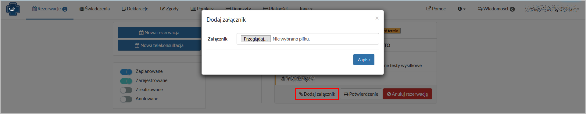 Okno "Rezerwacje" - dodawanie załącznika