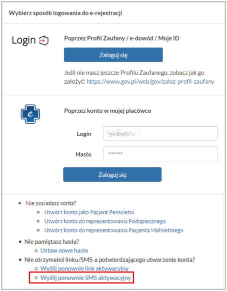Ekran logowania z opcją "Wyślij ponownie SMS aktywacyjny"