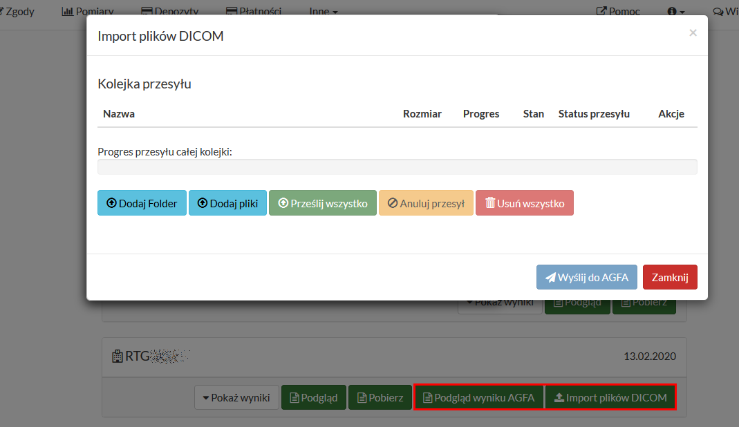 Zakładka "Badania" - okno importu plików DICOM