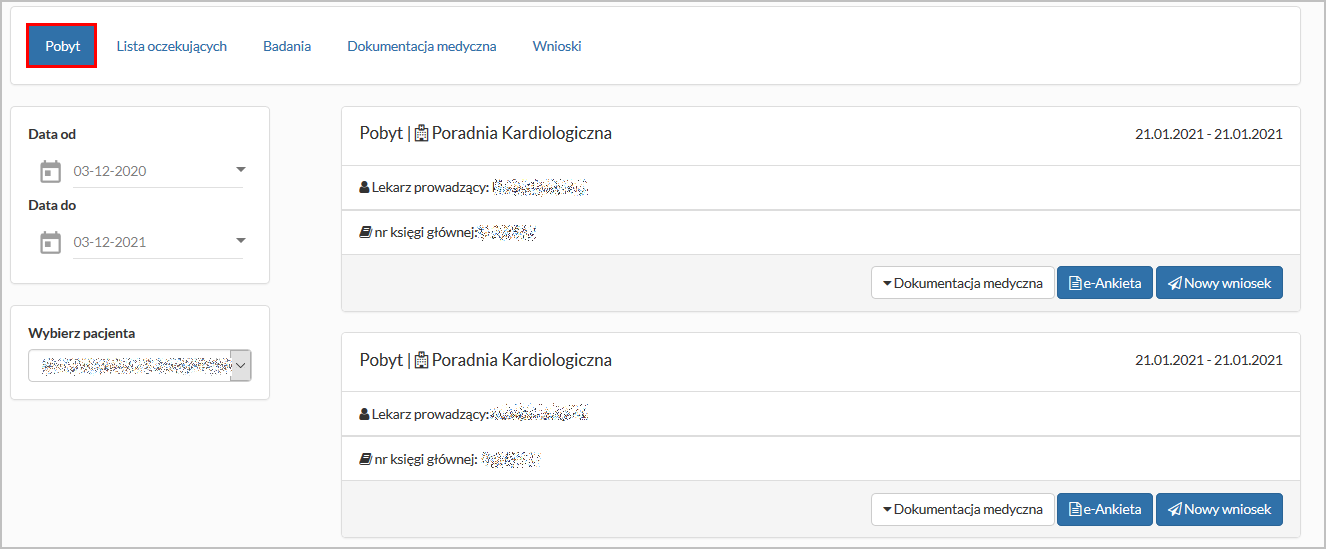 Okno "Świadczenia" - zakładka "Pobyt"