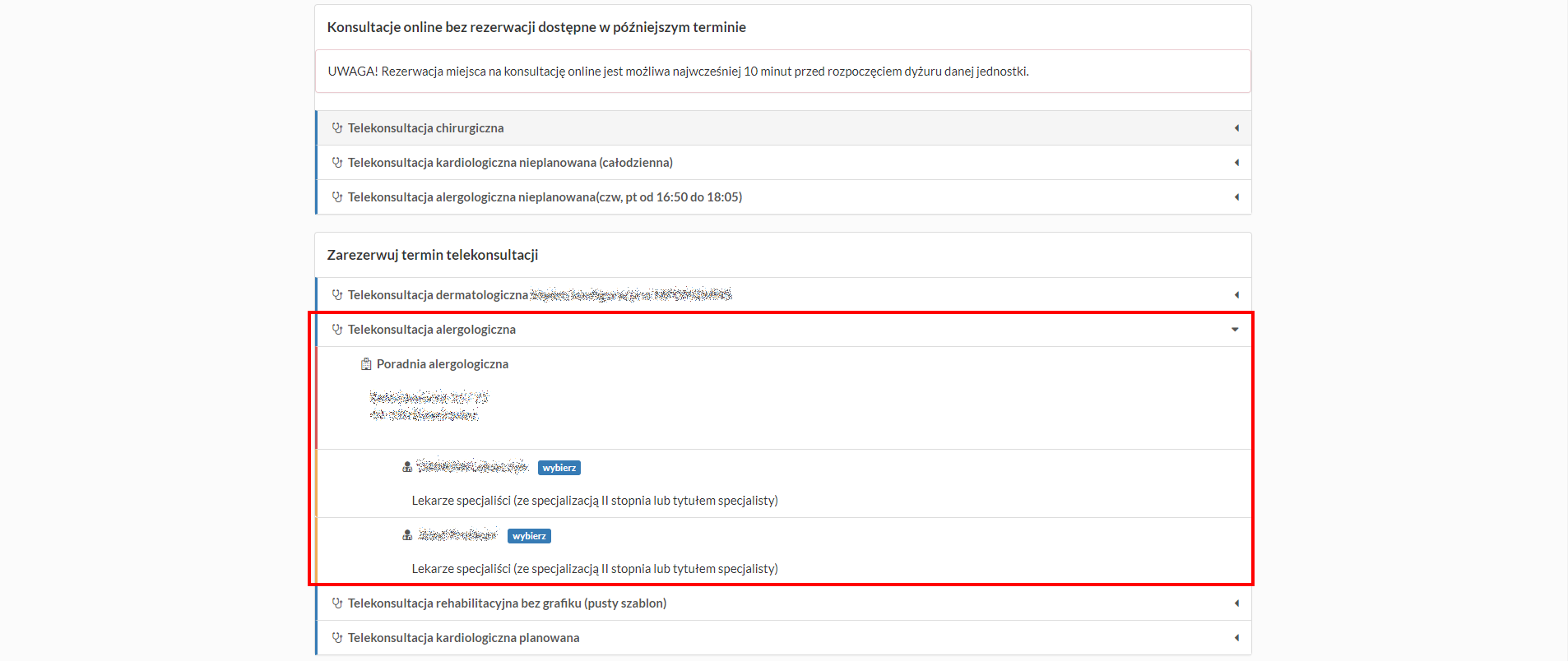 Nowa telekonsultacja - wybór usługi medycznej