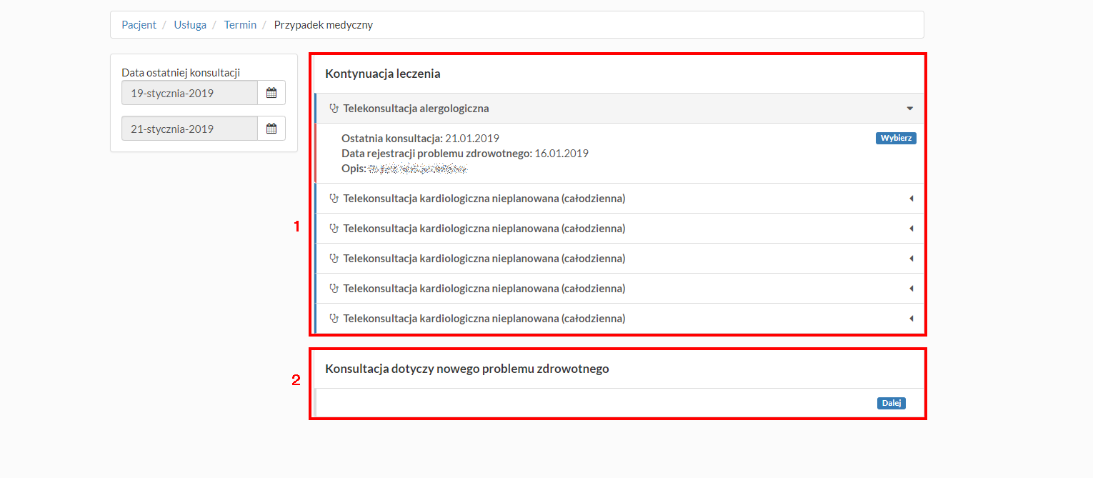 Nowa telekonsultacja - wybór kontynuacji leczenia lub konsultacji nowego problemu zdrowotnego