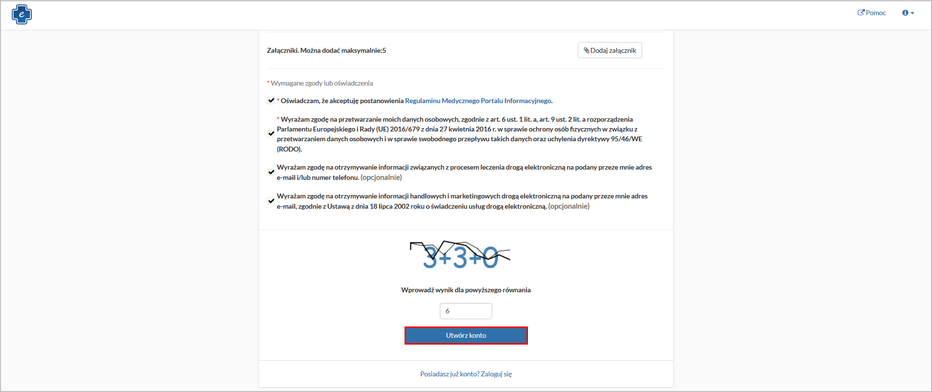 Okno rejestracji konta pacjenta - przycisk "Utwórz konto"