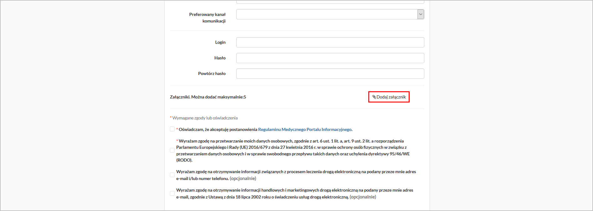 Okno rejestracji konta pacjenta - dodawanie załączników