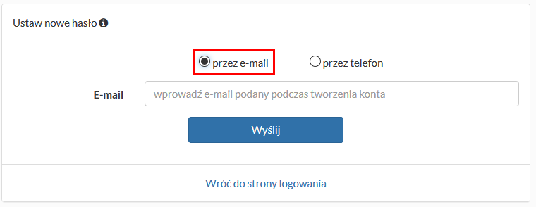 Okno ustawiania nowego hasła za pomocą e-mail