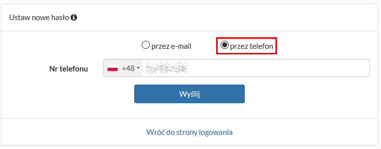 Okno ustawiania nowego hasła za pomocą telefonu