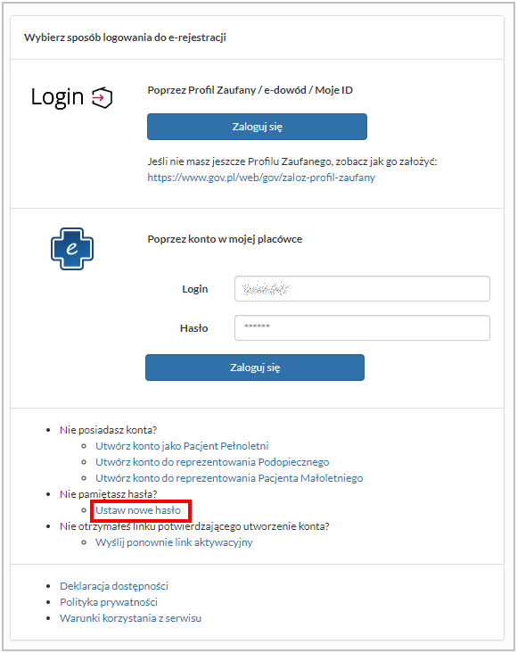 Ekran logowania z opcją "Ustaw nowe hasło"