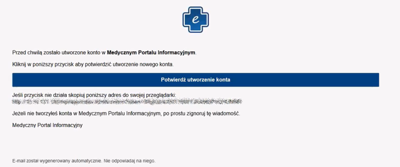 Przykładowa wiadomość e-mail dotycząca potwierdzenia utworzenia konta
