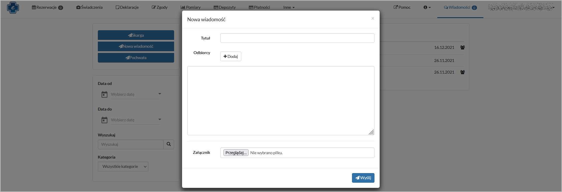 Okno "Wiadomości" - wysyłanie nowej wiadomości