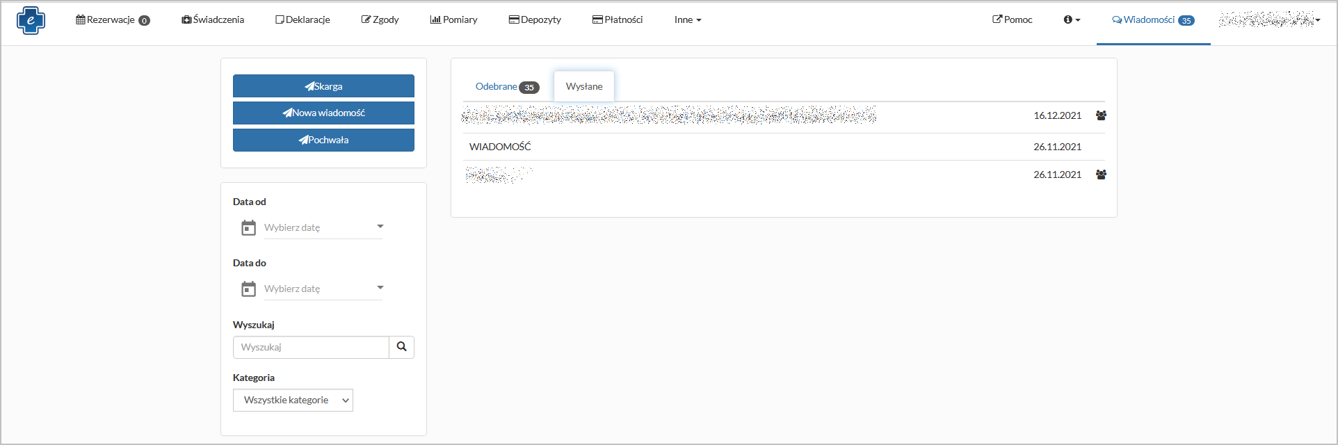 Okno "Wiadomości" - wysłane wiadomości