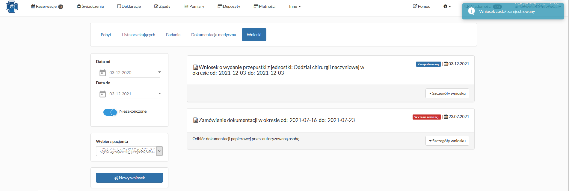 Zakładka "Wnioski" - zakończenie rejestracji wniosku