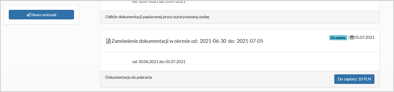 Zakładka "Wnioski" - wniosek wymagający opłacenia