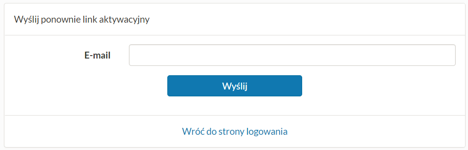 Ponowne wysyłanie linku aktywacyjnego - okno umożliwiające wprowadzenie adresu e-mail