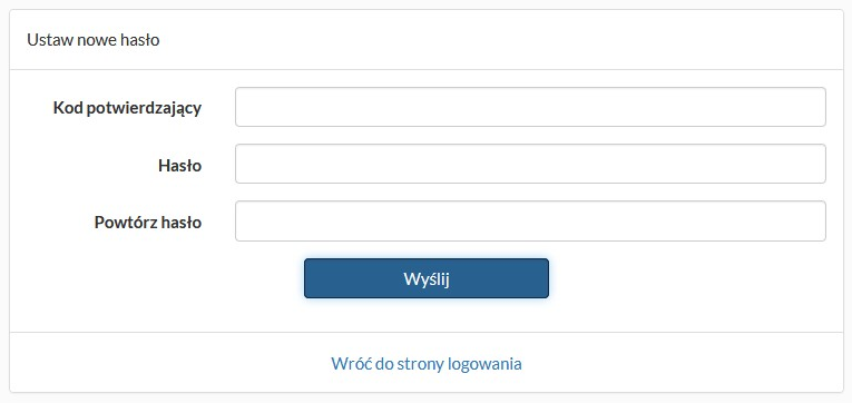 Ustawianie nowego hasła - okno umożliwiające wprowadzenie kodu potwierdzającego